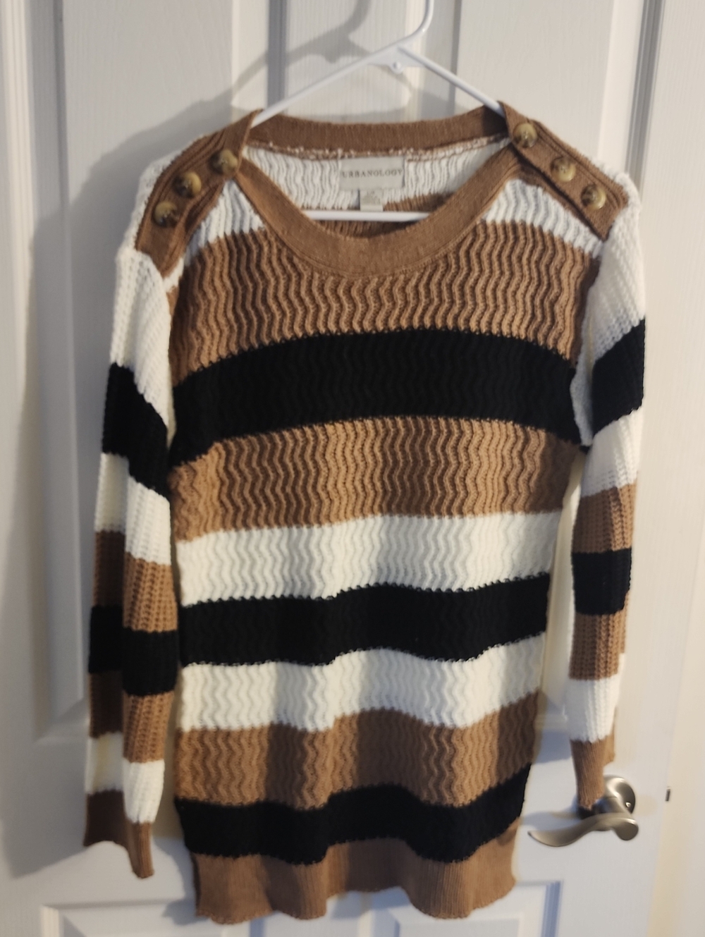 Striped Crewneck Sweater with Button Shoulder - Brown/Black/White